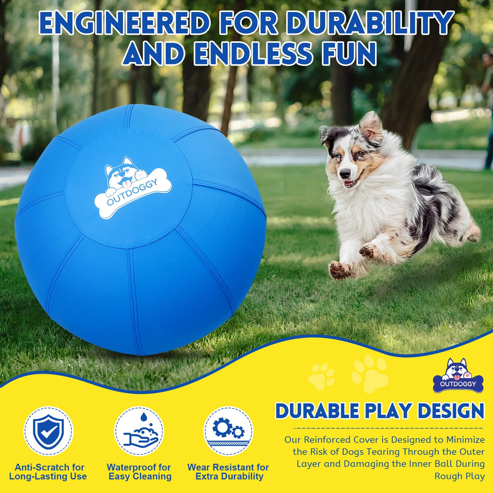 Outdoggy herd ball 14inch blue close-up highlighting built-in bell for enticing noise.