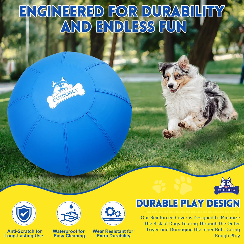 Outdoggy herd ball 14inch blue close-up highlighting built-in bell for enticing noise.
