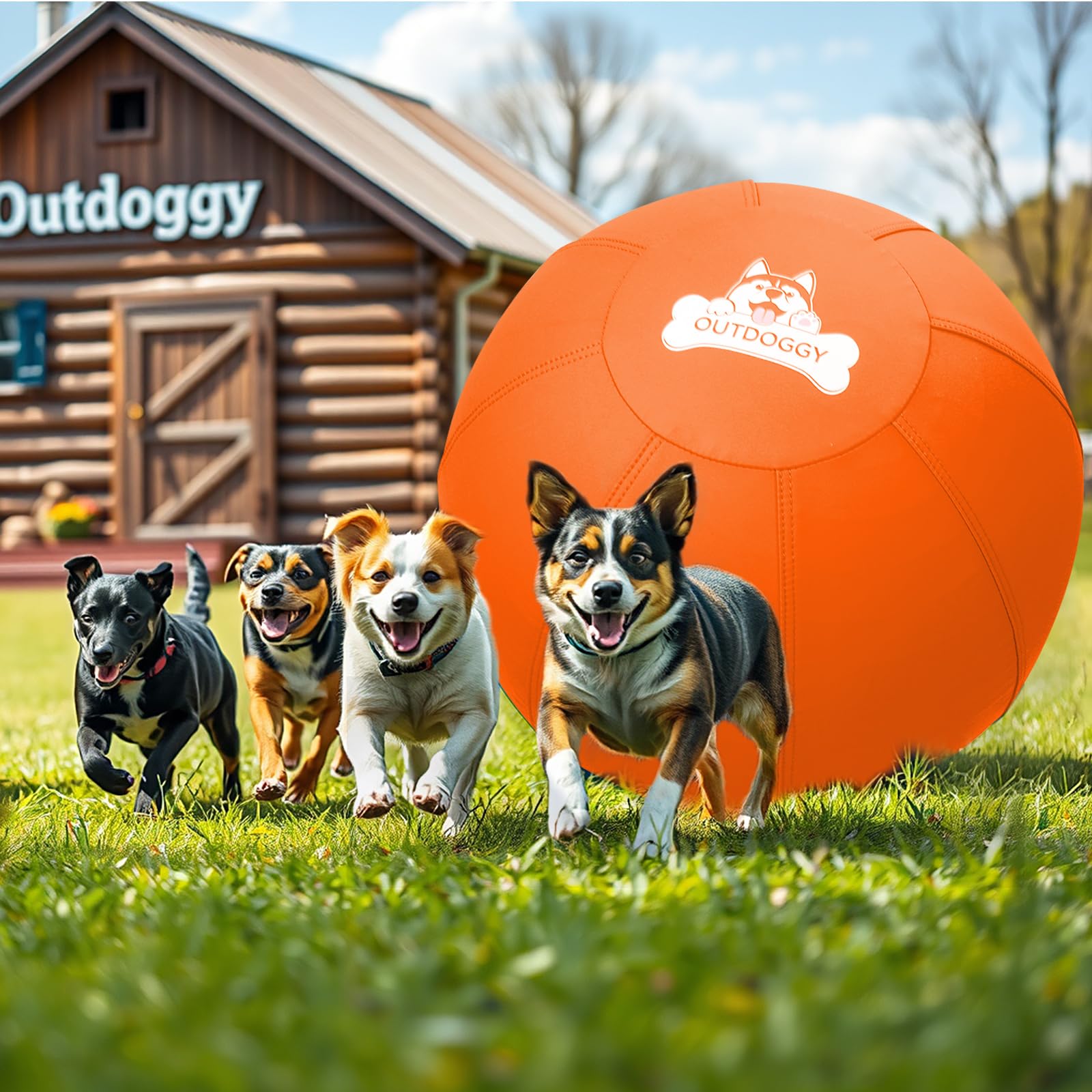 Outdoggy Herding Ball orange color improves visibility during outdoor play.