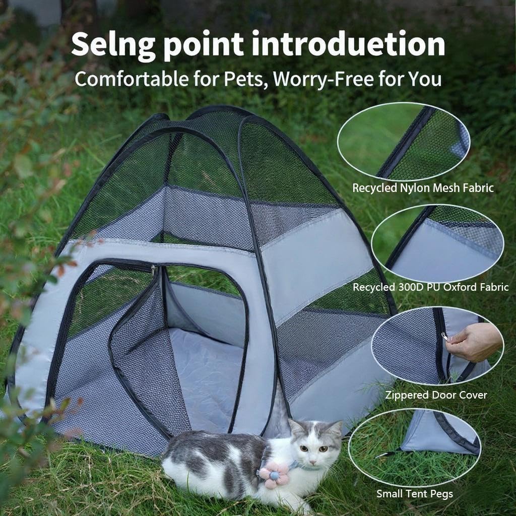 Outdoor Cat Cages tent stakes included for outdoor stability.