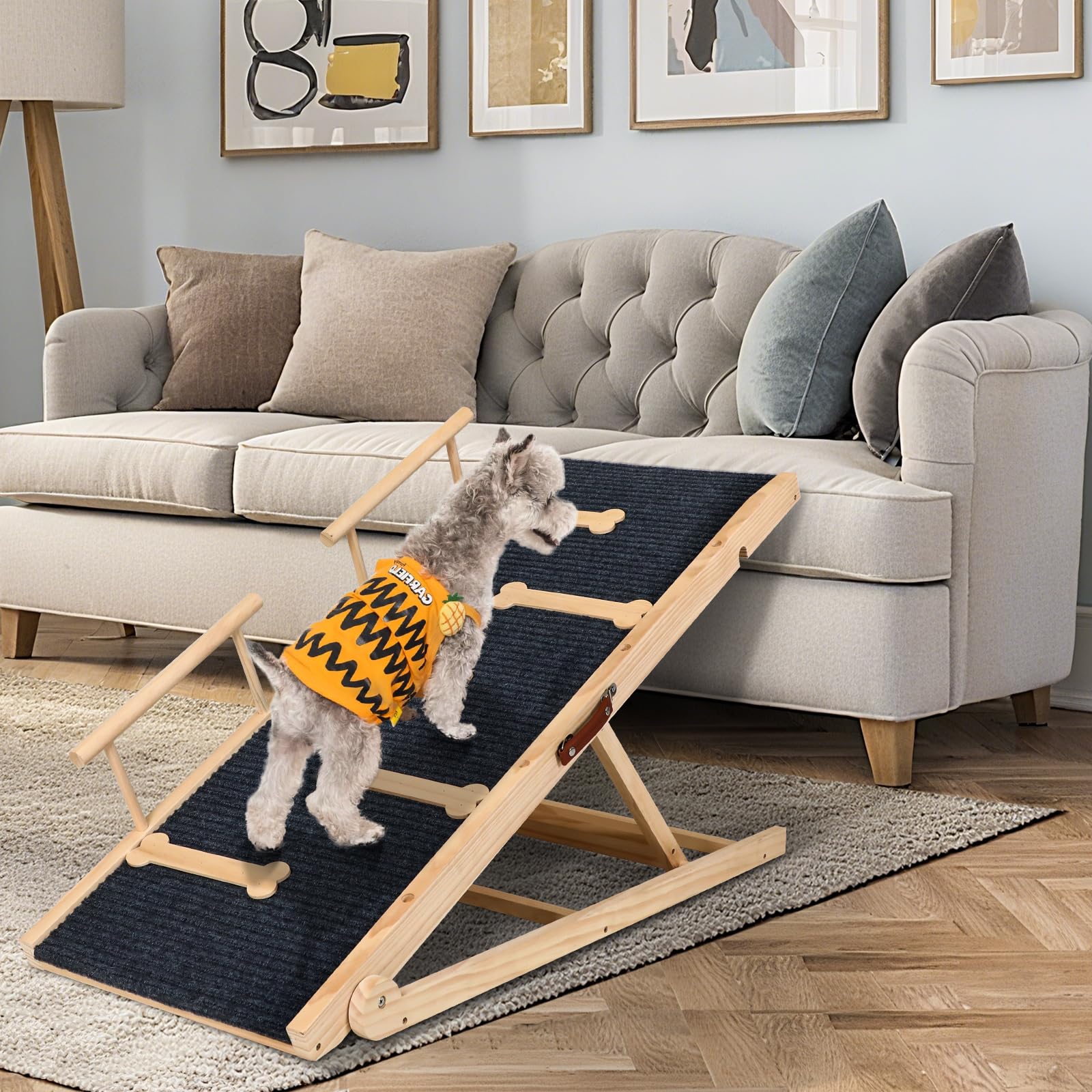 Outdoor Diamond dog ramp extended onto a bed for easy access