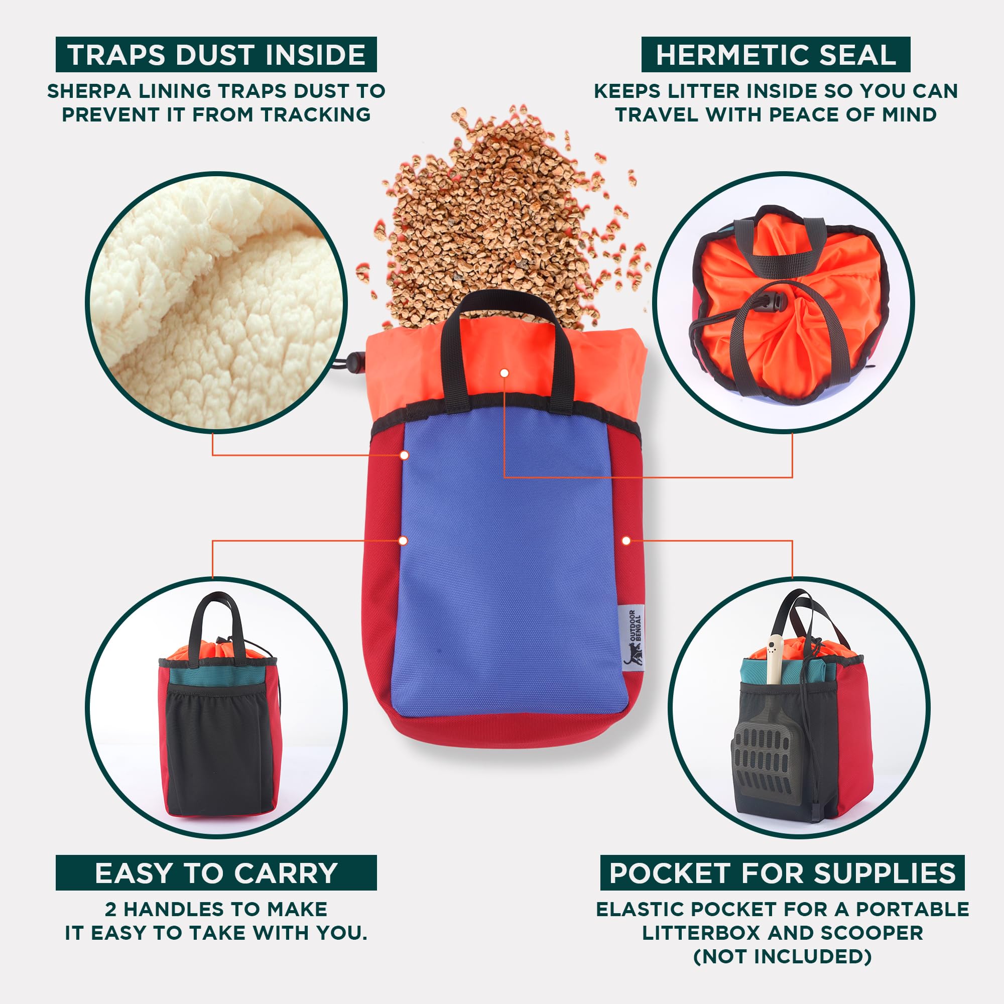 OutdoorBengal Travel Litter Bag with sherpa dust-trap keeps litter dust inside.