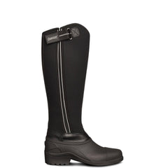 Ovation Highlander tall winter boot back view emphasizes secure fit and easy-up design in black.