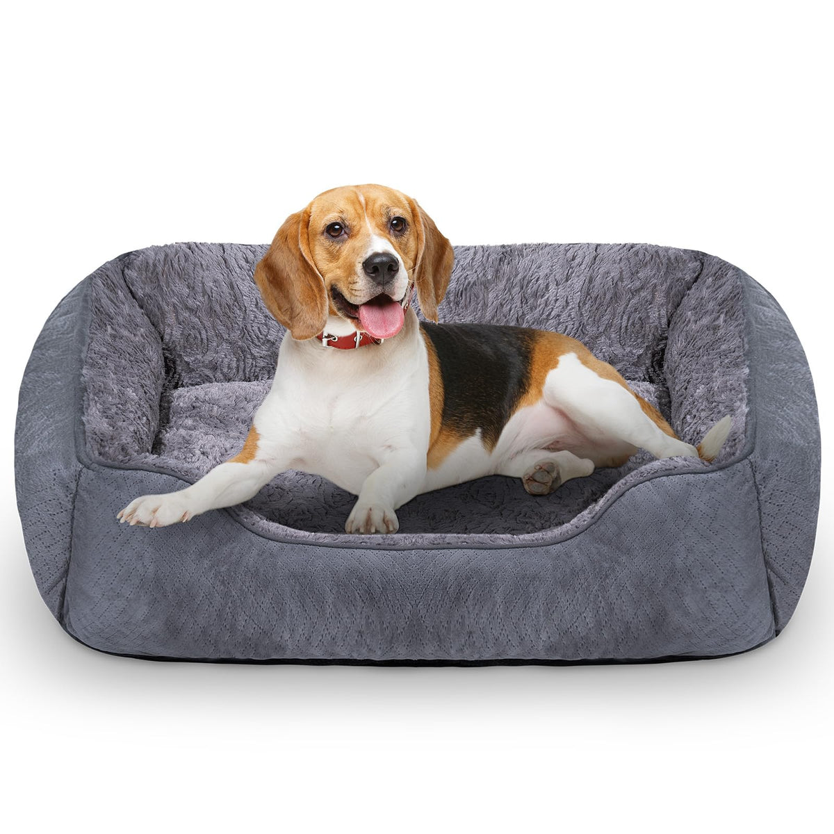 Oveppy dog bed medium rectangle grey front view shows plush fleece for cozy naps.