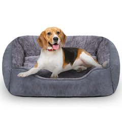 Oveppy dog bed medium rectangle grey front view shows plush fleece for cozy naps.