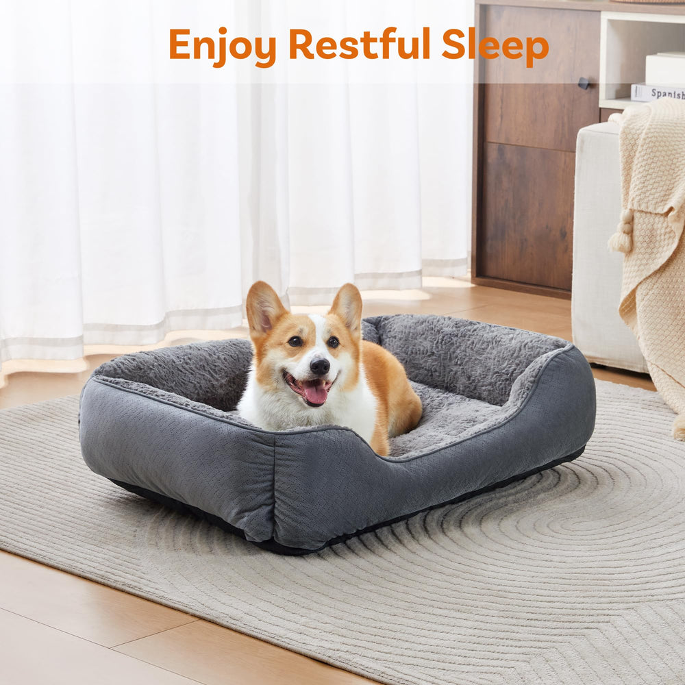 Oveppy dog bed medium rectangle in-use image showing cozy corner for naps.