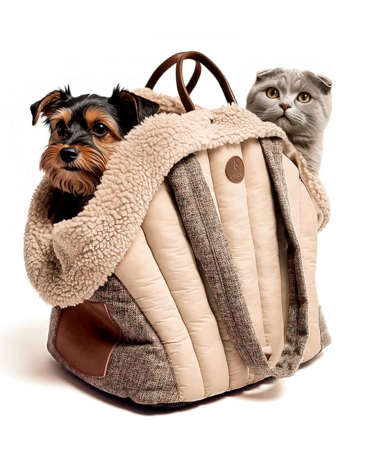 Owleys deep side pocket stores treats, bags, and keys during journeys.