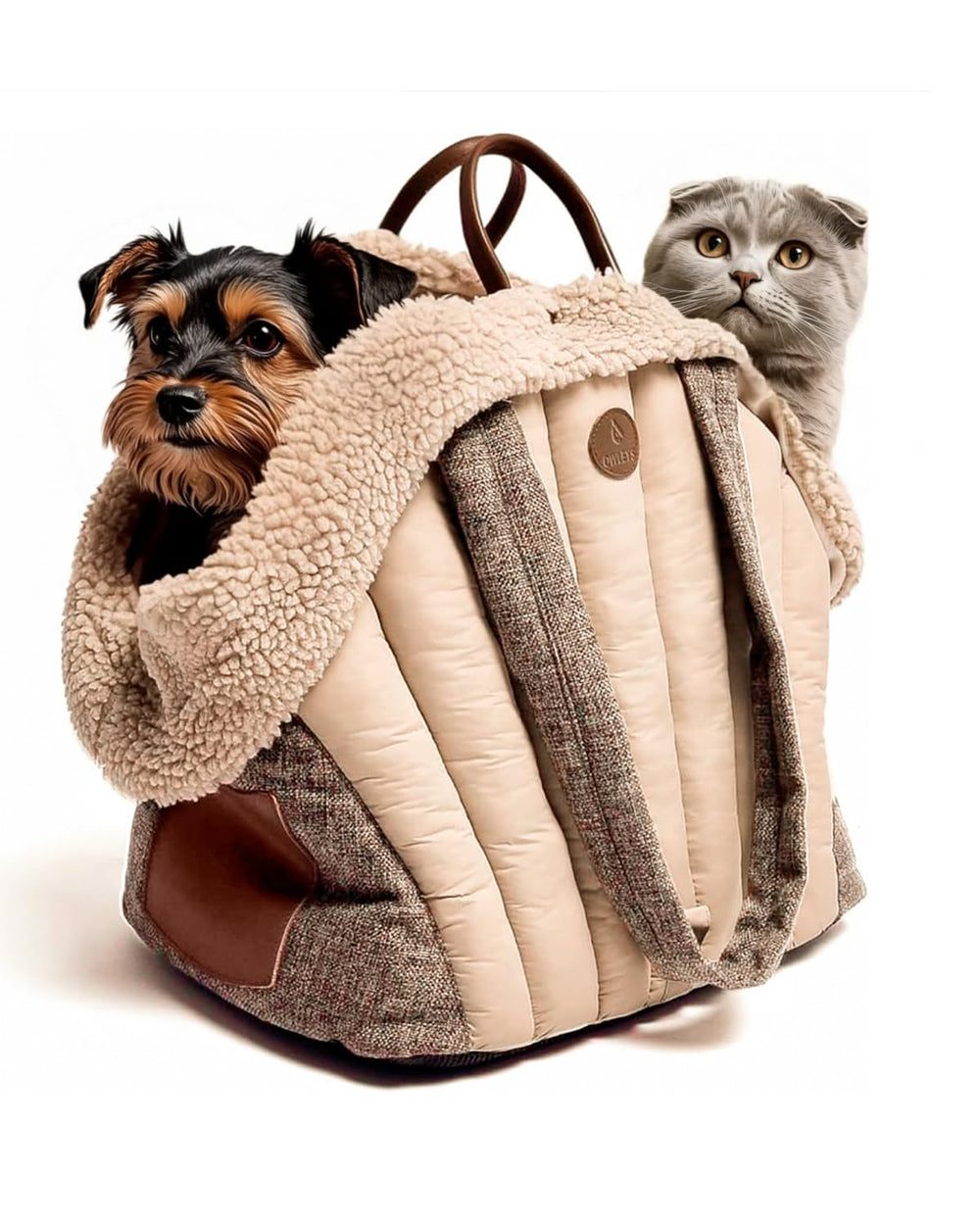 Owleys deep side pocket stores treats, bags, and keys during journeys.