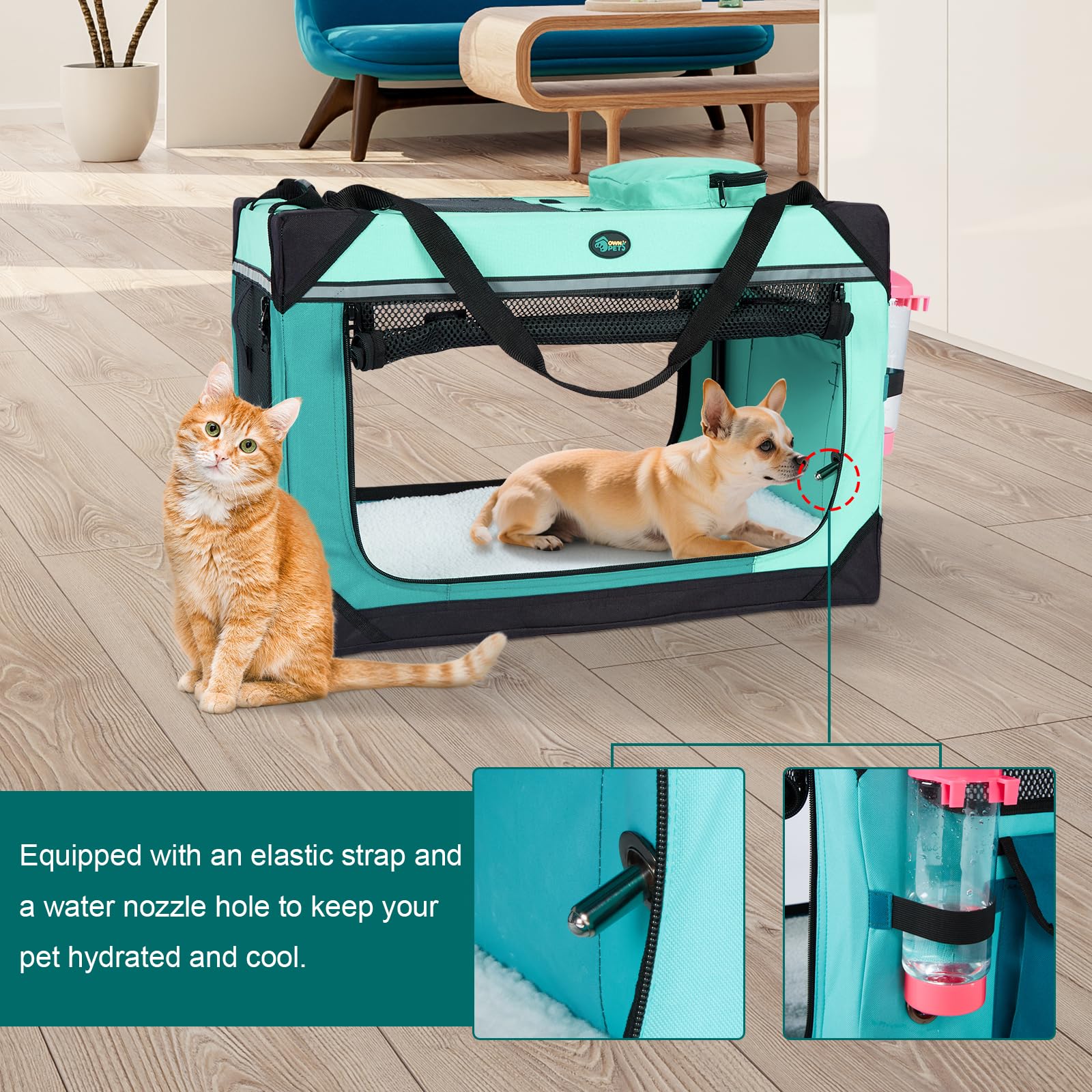 Ownpets cat carrier with four mesh windows improves ventilation and visibility.