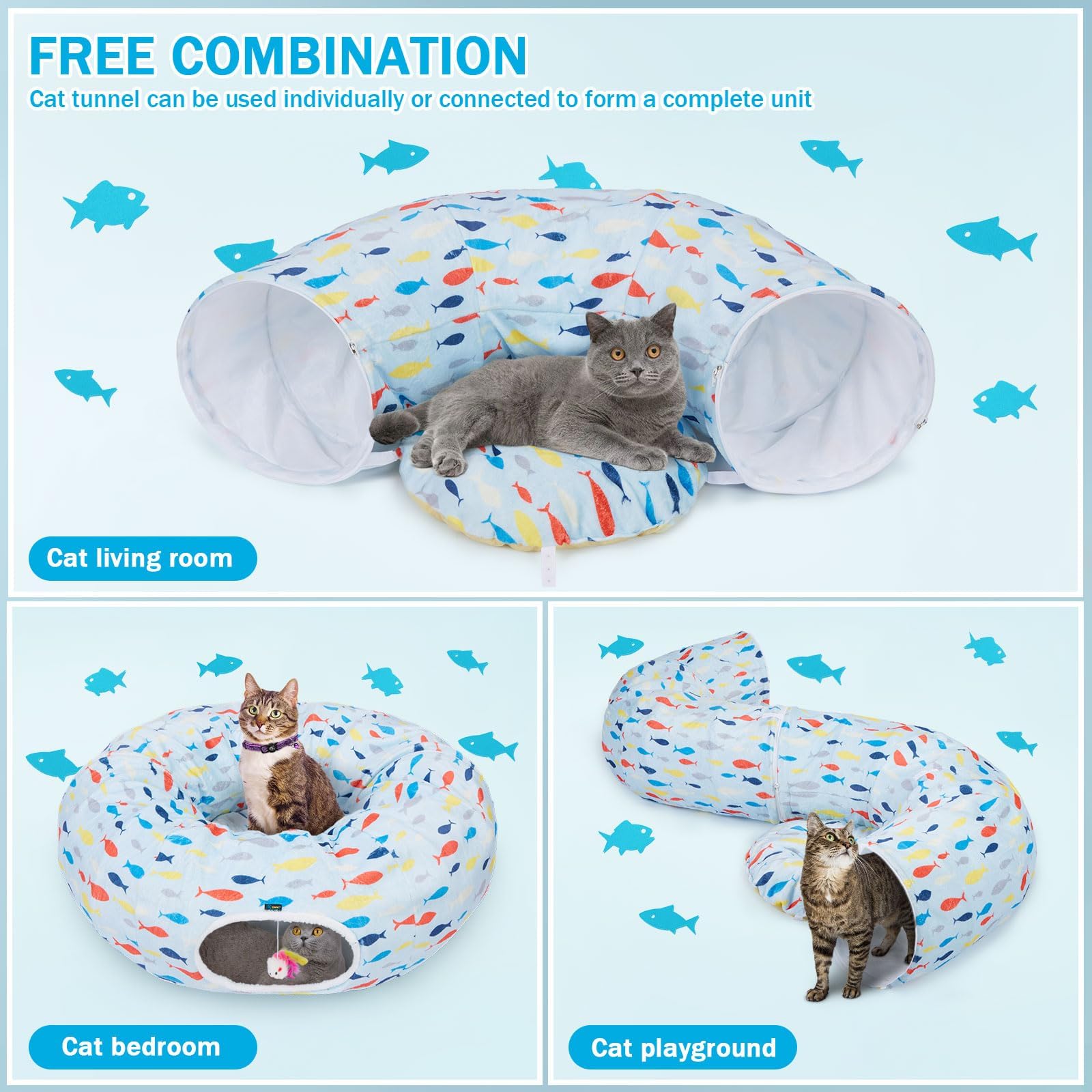 Ownpets cat tunnel bed with washable cushion blue — easy cleaning for daily use.