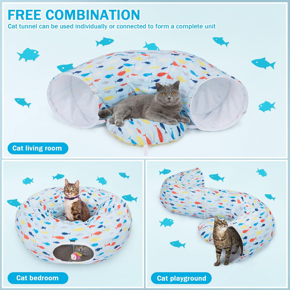 Ownpets cat tunnel bed with washable cushion blue — easy cleaning for daily use.