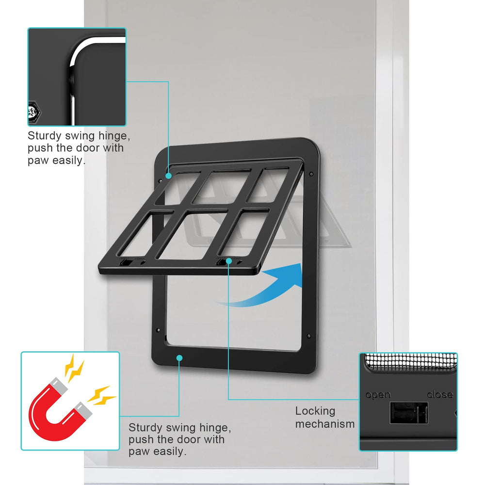 Ownpets dog screen door size guide demonstrates 13x11 interior fit for small to medium dogs.