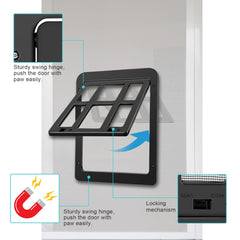 Ownpets dog screen door size guide demonstrates 13x11 interior fit for small to medium dogs.