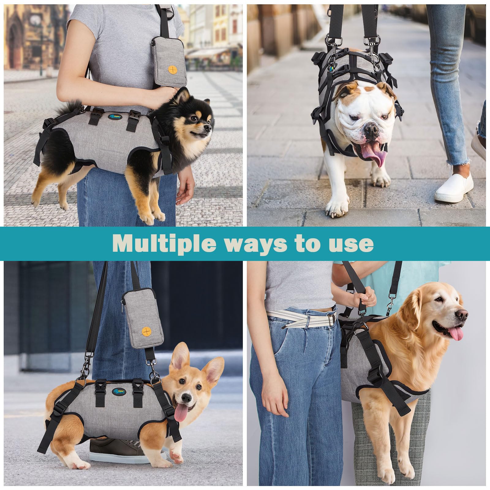 Ownpets Dog Sling Harness shoulder carry offers versatile support during outdoor walks.
