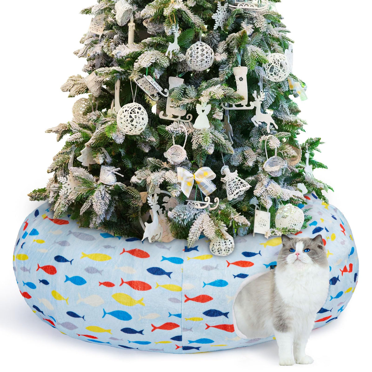 Ownpets large cat tunnel bed under Christmas tree blue — protects the tree while offering a cozy nap space.