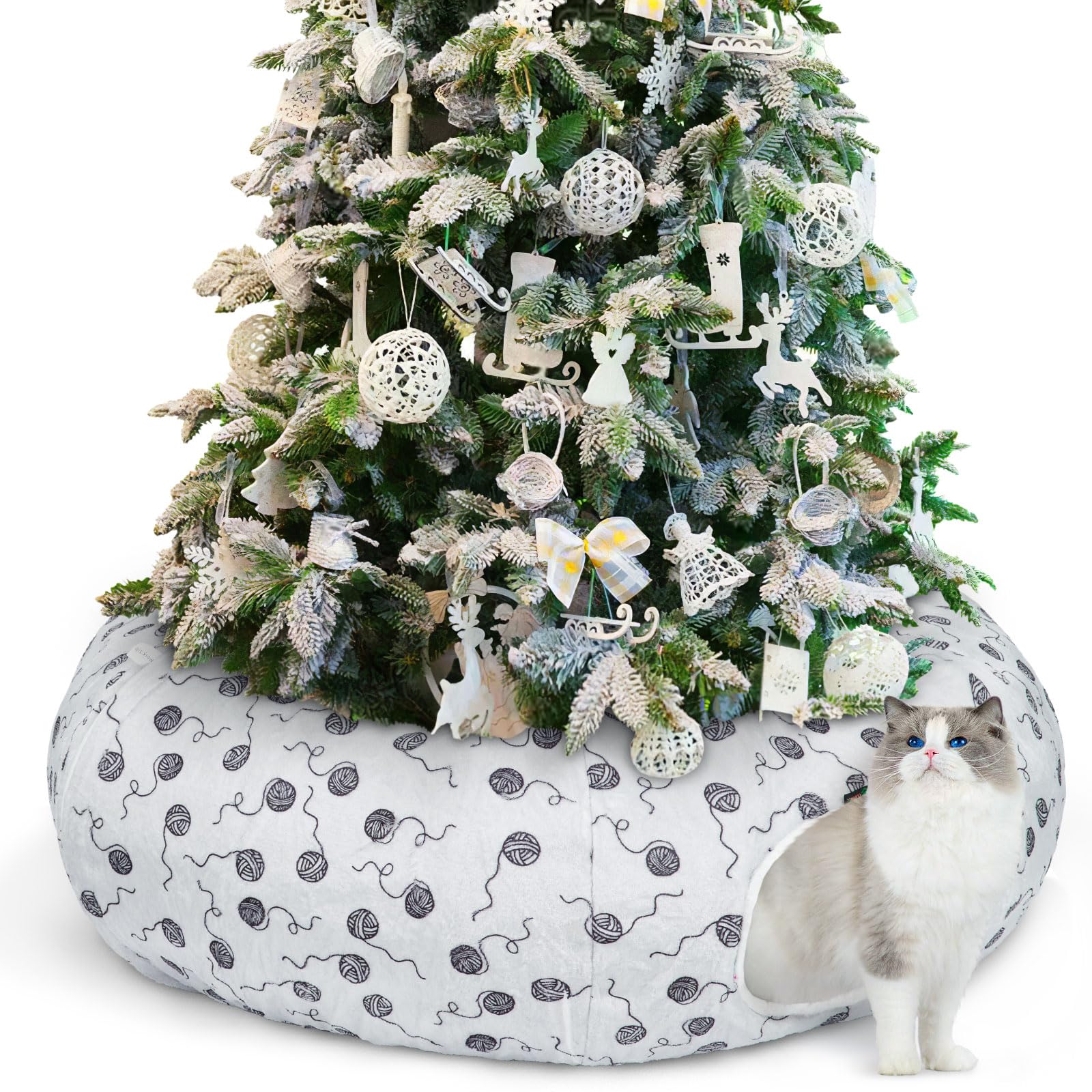 Ownpets large Christmas cat tunnel tree skirt showing festive décor and cozy hideaway under the tree
