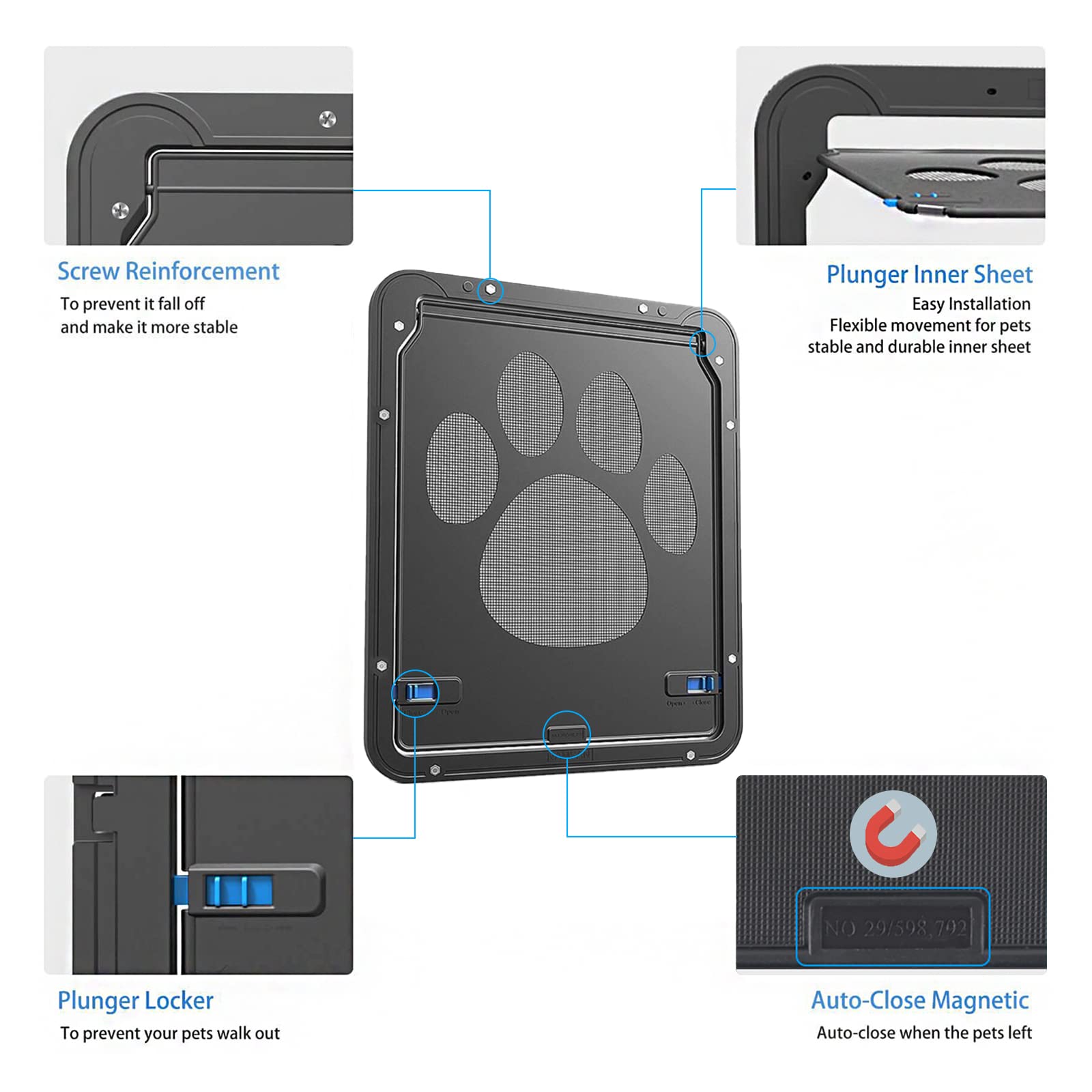 Ownpets magnetic flap closeup showing auto-close magnet for secure entry