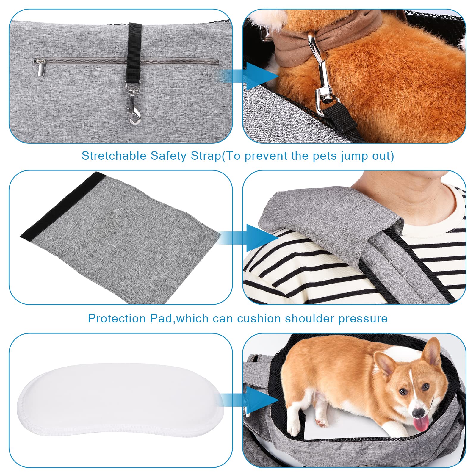 Ownpets pet sling adjustable strap supports ergonomic, fatigue-free carrying on long walks.