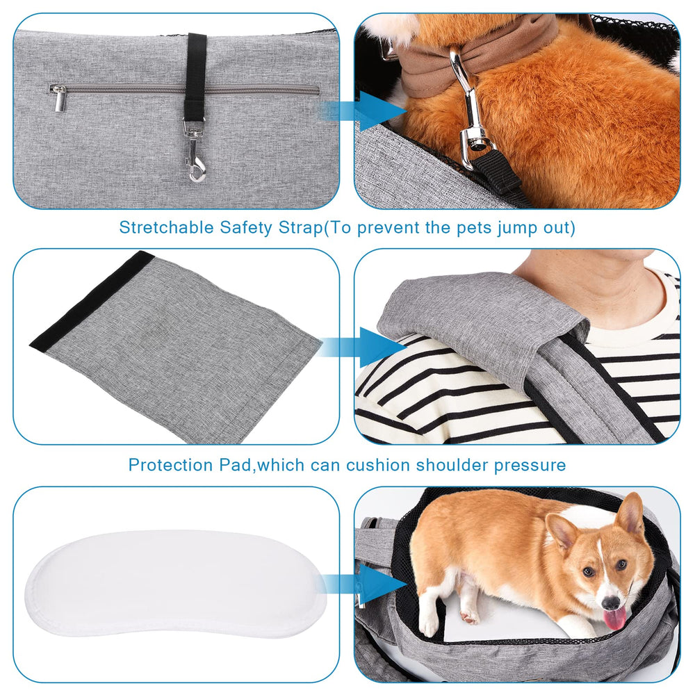 Ownpets pet sling adjustable strap supports ergonomic, fatigue-free carrying on long walks.