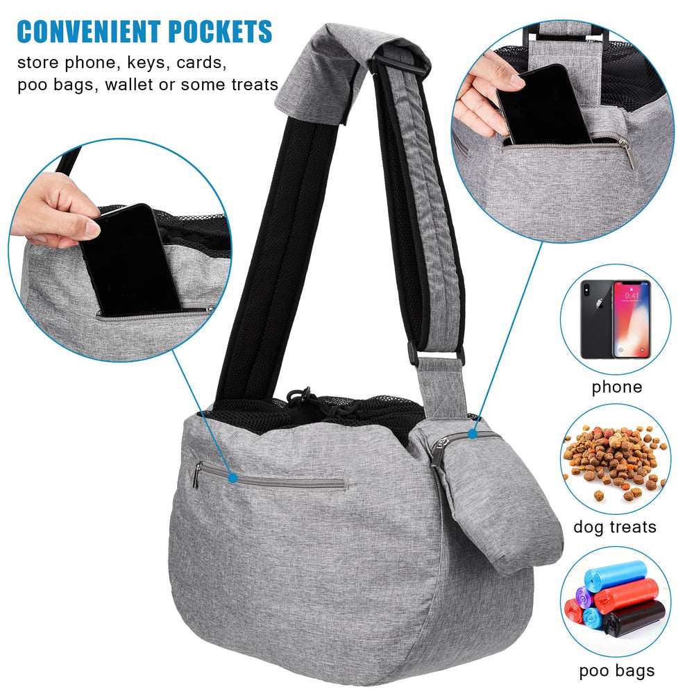 Ownpets pet sling front pocket keeps snacks, keys, and phone within easy reach.