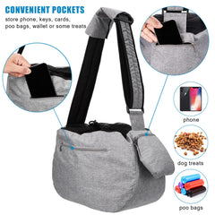 Ownpets pet sling front pocket keeps snacks, keys, and phone within easy reach.