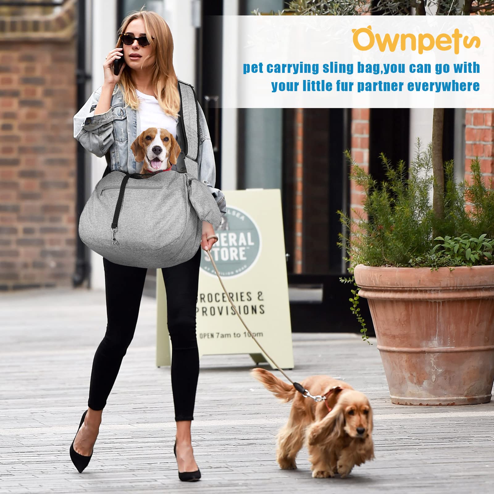 Ownpets size-12in-deep-13in-wide sling fits small-to-medium pets securely.