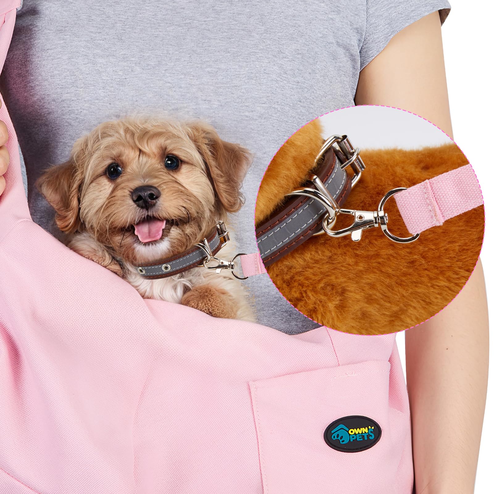 Ownpets pink pet sling carrier front pocket detail