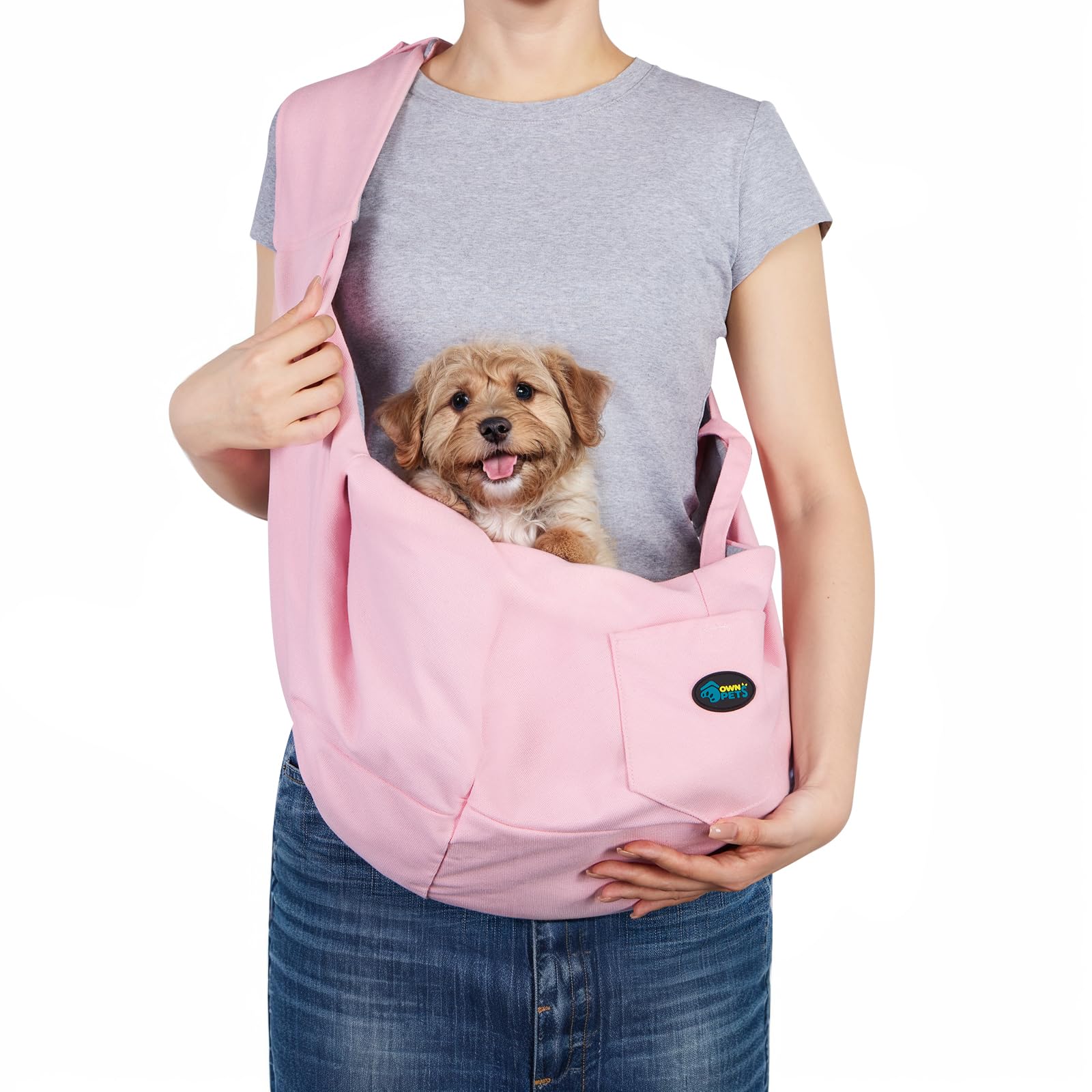 Ownpets pink pet sling carrier front view for hands-free city walks