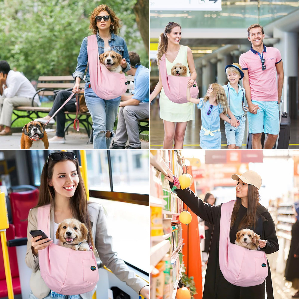 Ownpets pink pet sling carrier in use during outdoor walk