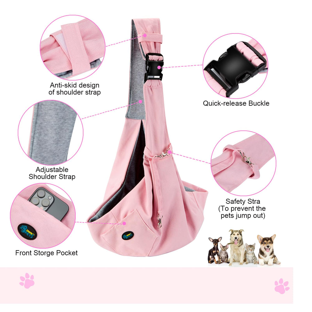 Ownpets pink pet sling carrier side view during outdoor stroll