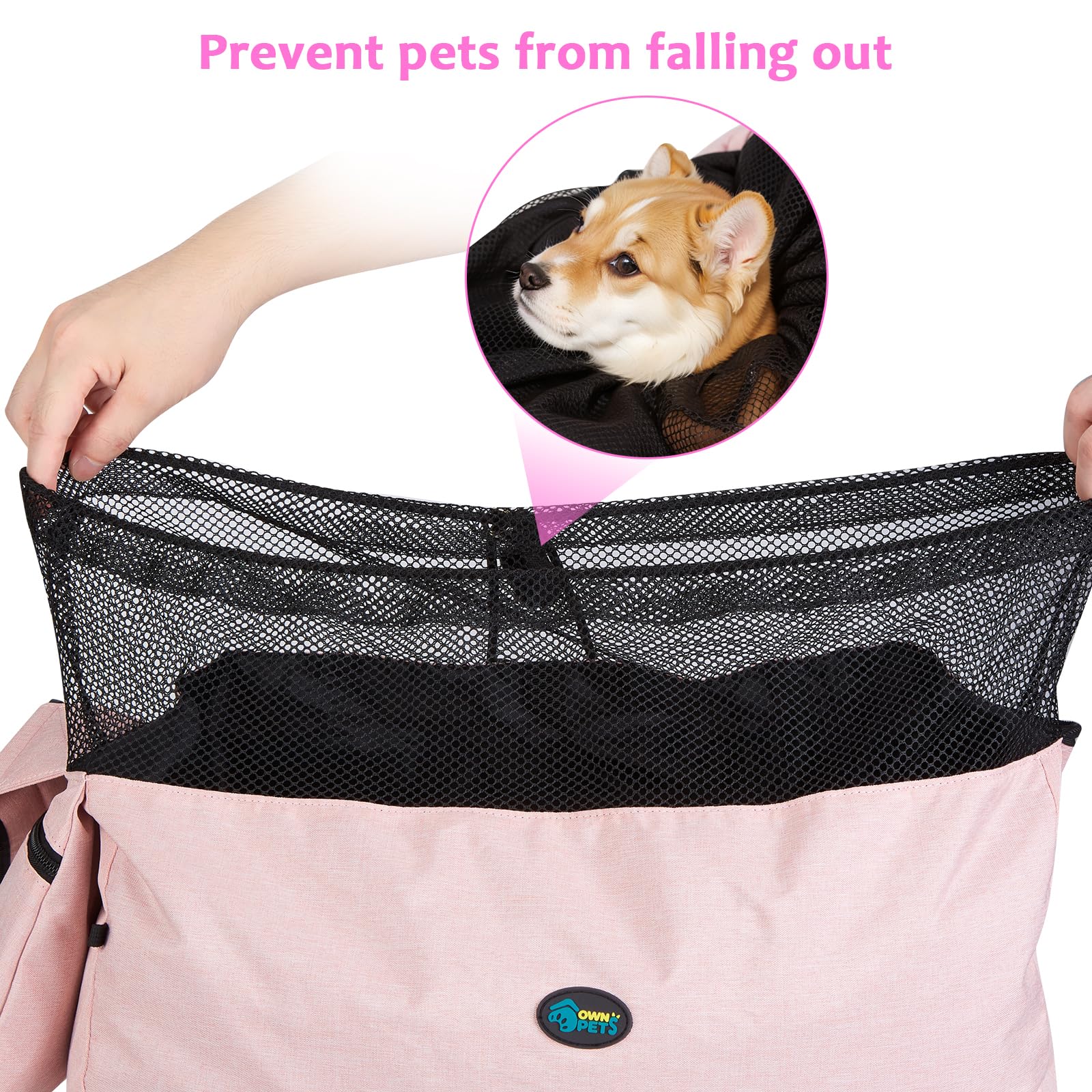 Ownpets pink sling carrier used with a cat indoors
