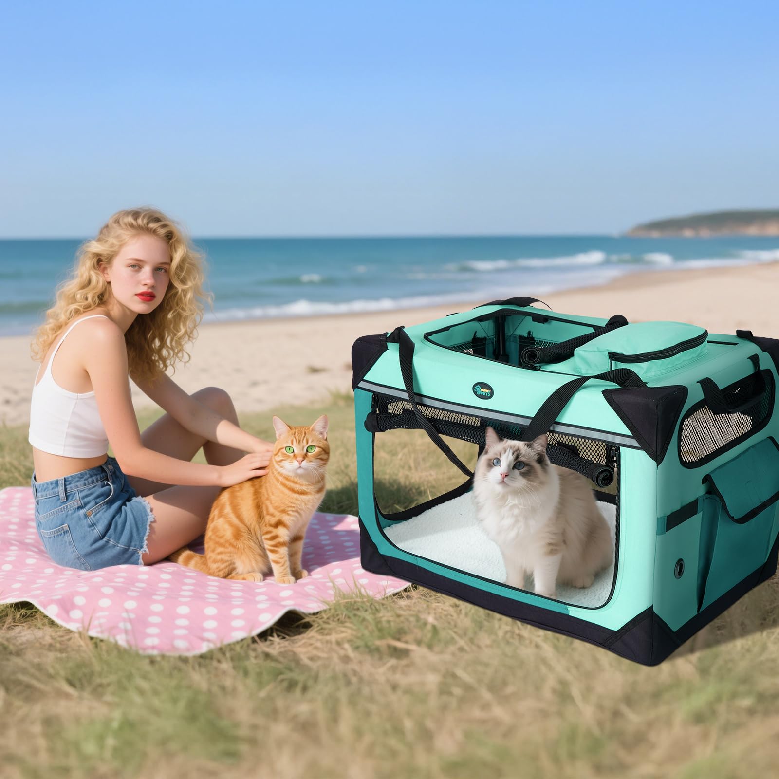Ownpets soft-sided crate features steel frame and durable Oxford fabric for security.