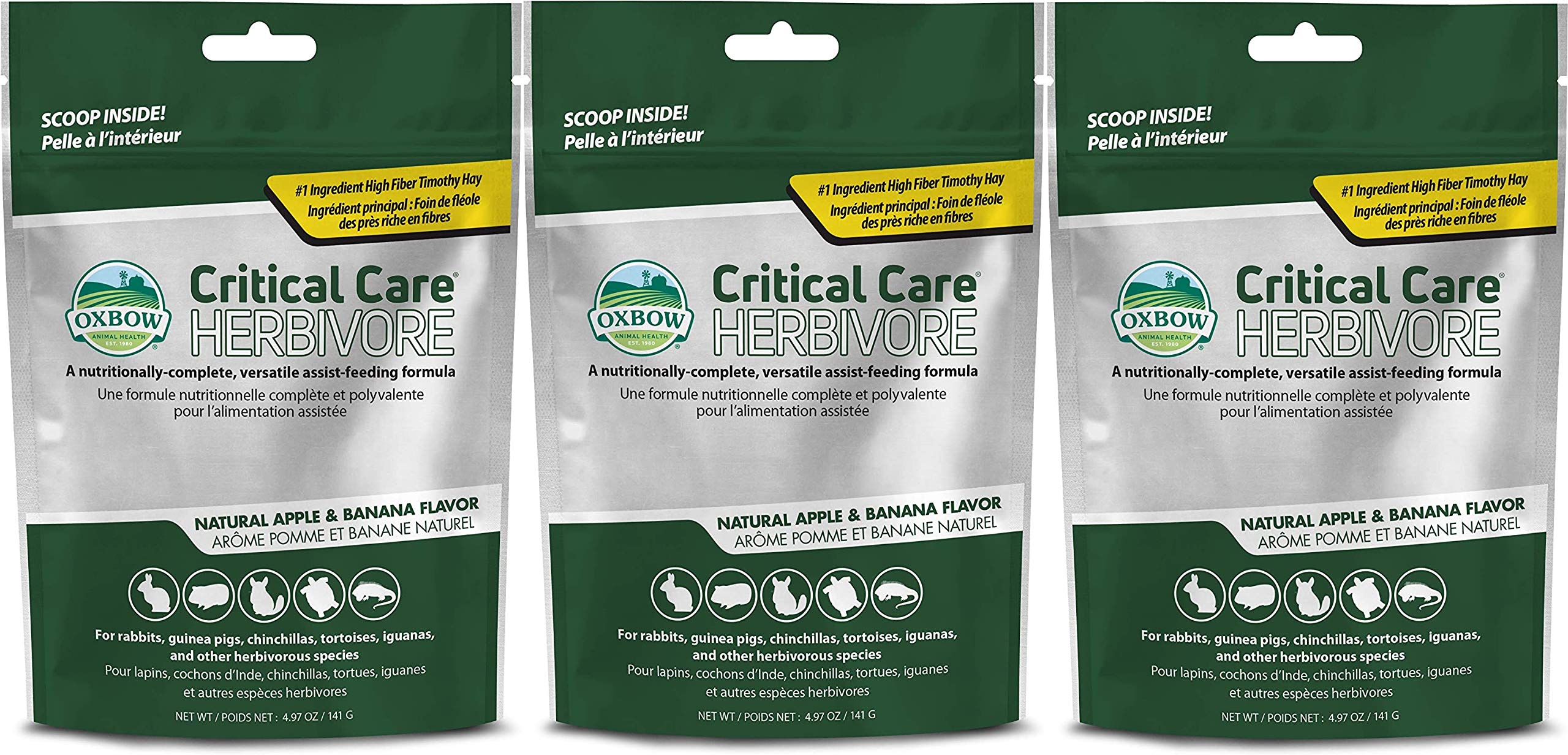Oxbow Apple & Banana Critical Care packaging for herbivores, ready-to-use dietary support.
