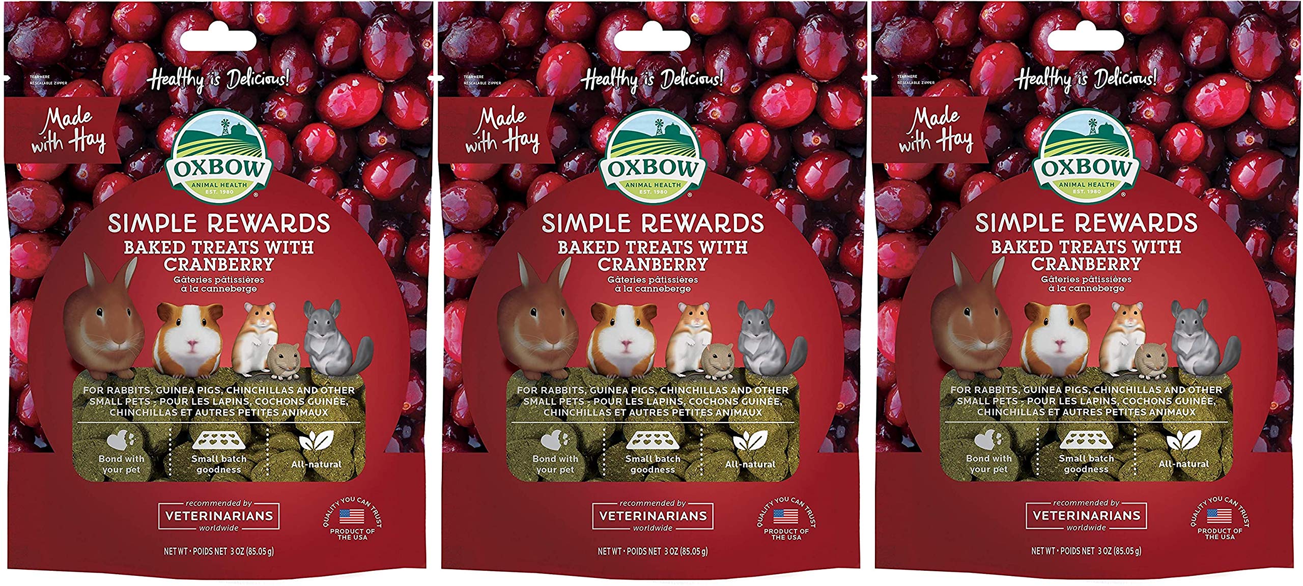 Oxbow Cranberry Simple Rewards pack on a tray promoting bonding with your small pet