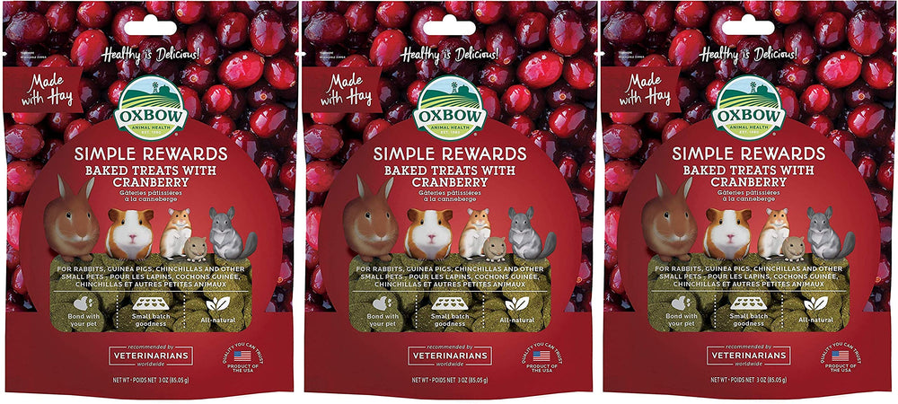 Oxbow Cranberry Simple Rewards pack on a tray promoting bonding with your small pet