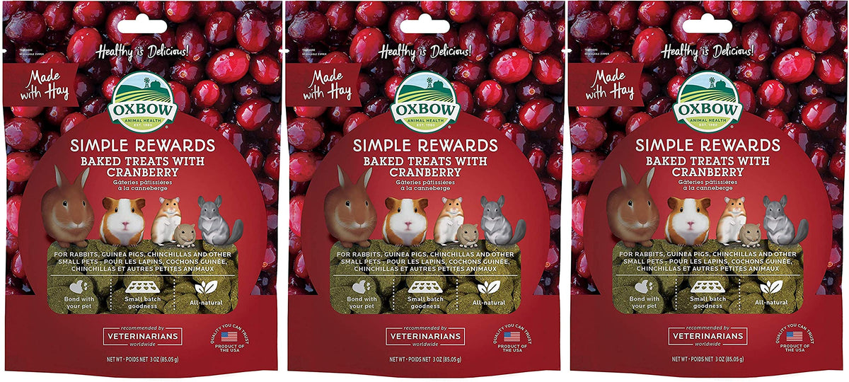 Oxbow Cranberry Simple Rewards pack on a tray promoting bonding with your small pet