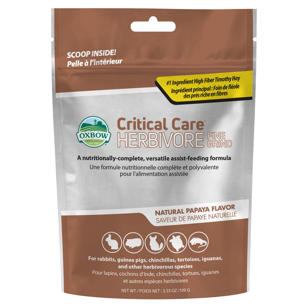 Oxbow Critical Care Herbivore fine-grind bag ready for syringe feeding support.