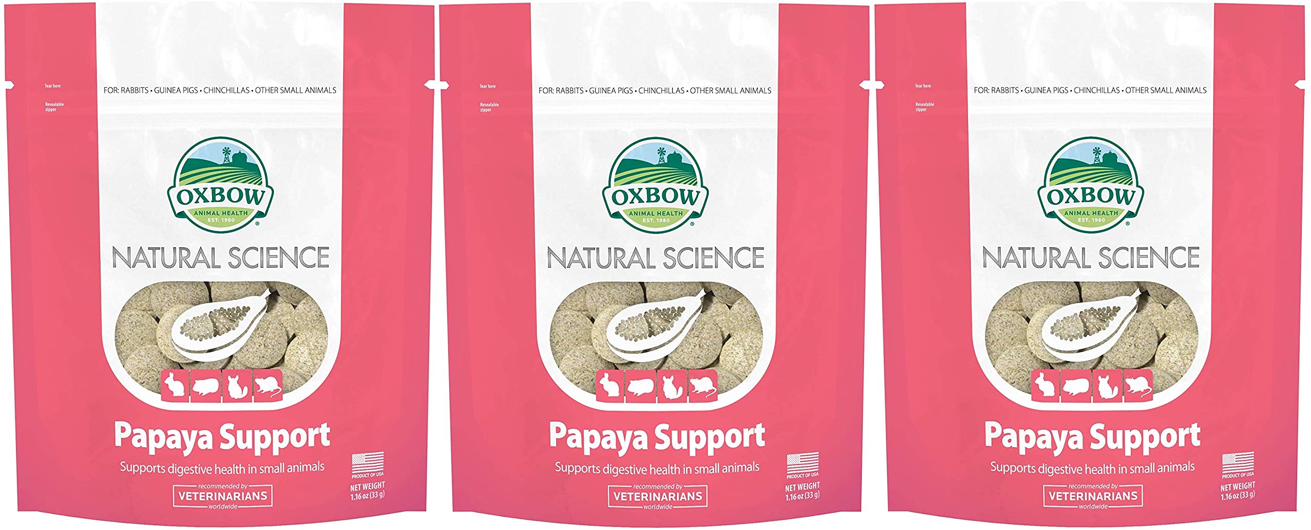 Oxbow Natural Science papaya wafers 3-pack, chewy texture supports small pets' digestion