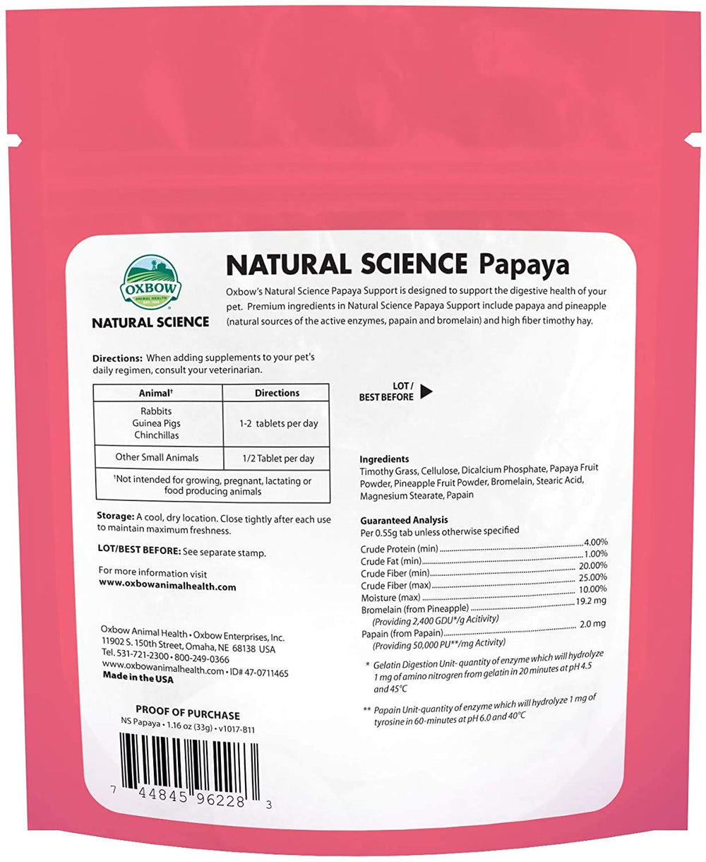 Oxbow Natural Science papaya wafers close-up reveals chewy texture aiding palatability for small pets