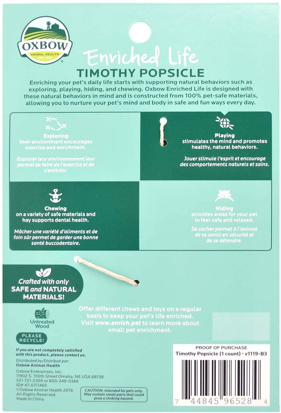 Oxbow Timothy Popsicle with apple and carrot flavor encourages interaction and play.