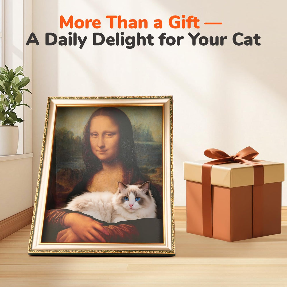 Oxfraki cat relaxed in Mona Lisa bed conveying cozy, decorative mood