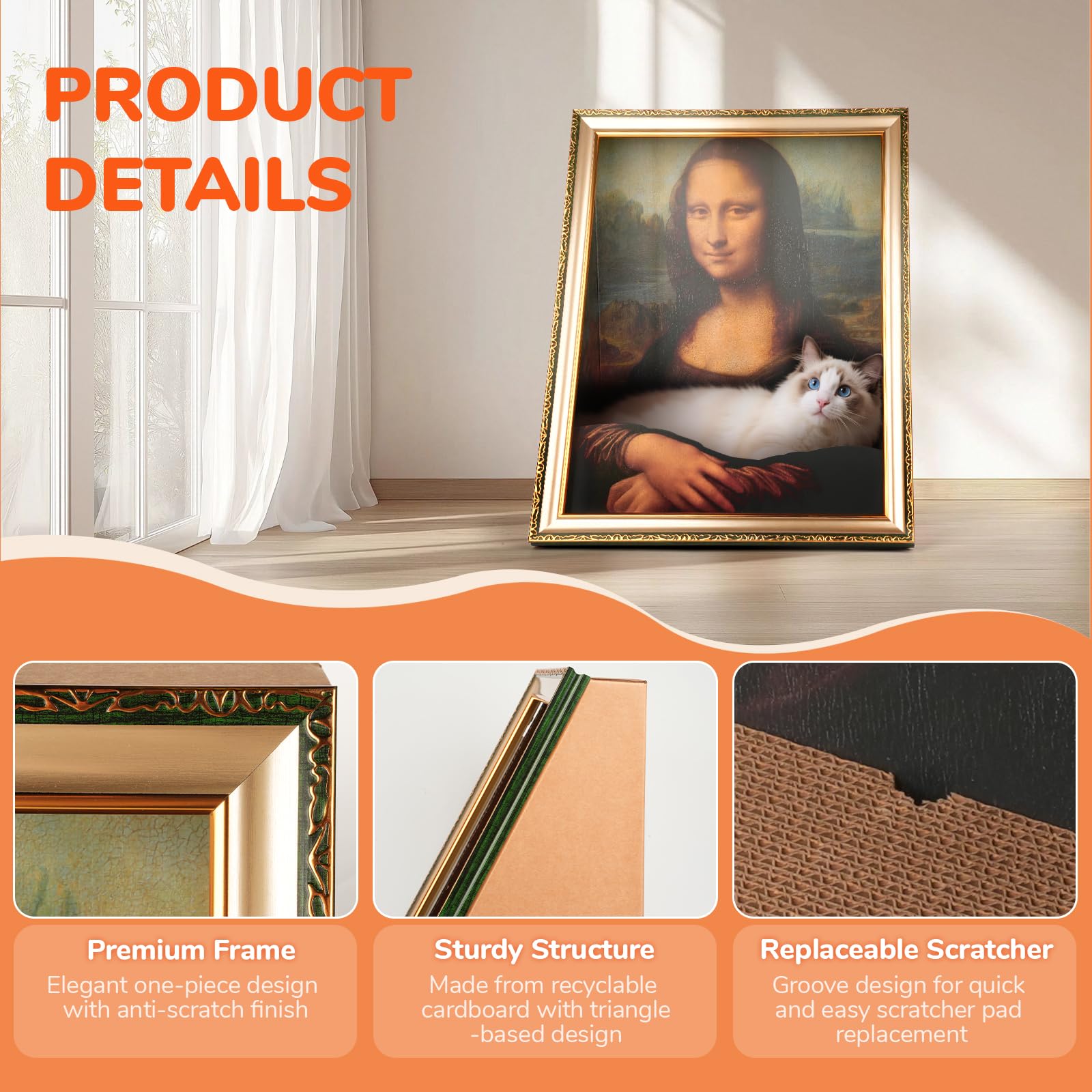Oxfraki Mona Lisa cat scratcher close-up with eco-friendly texture