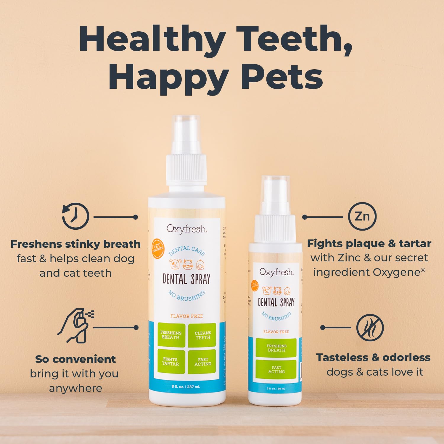 Oxyfresh Advanced Cat & Dog Breath Spray application-teeth demonstrates easy no-brush dental care for pets.