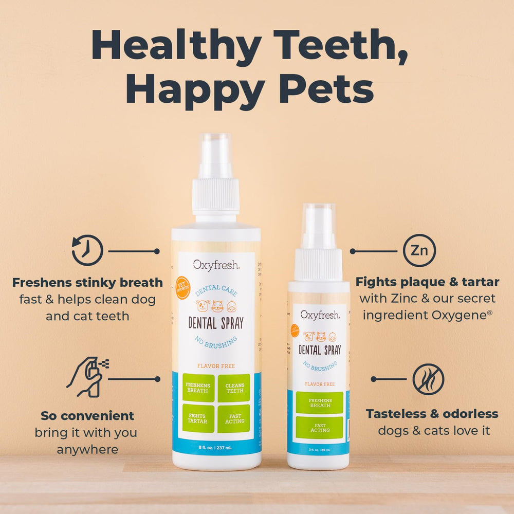 Oxyfresh Advanced Cat & Dog Breath Spray application-teeth demonstrates easy no-brush dental care for pets.