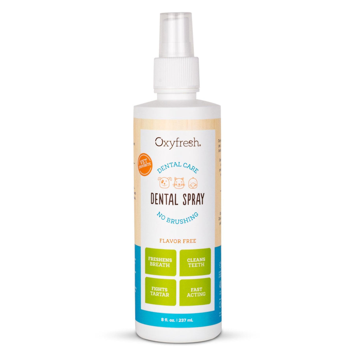 Oxyfresh Advanced Cat & Dog Breath Spray bottle closeup demonstrates portable fresh breath for pets.