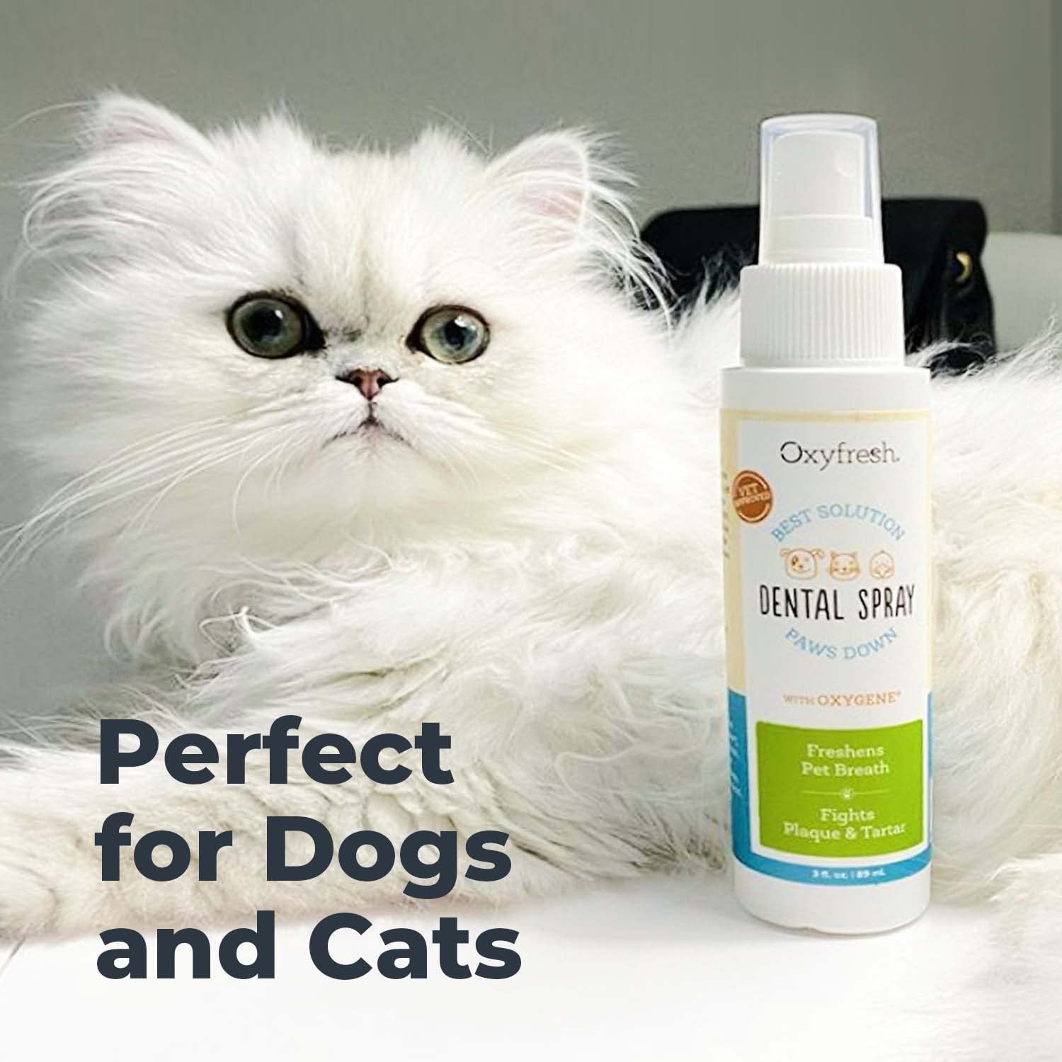 Oxyfresh Advanced Cat & Dog Breath Spray packaging-label emphasizes safe, chemical-free pet dental solution.