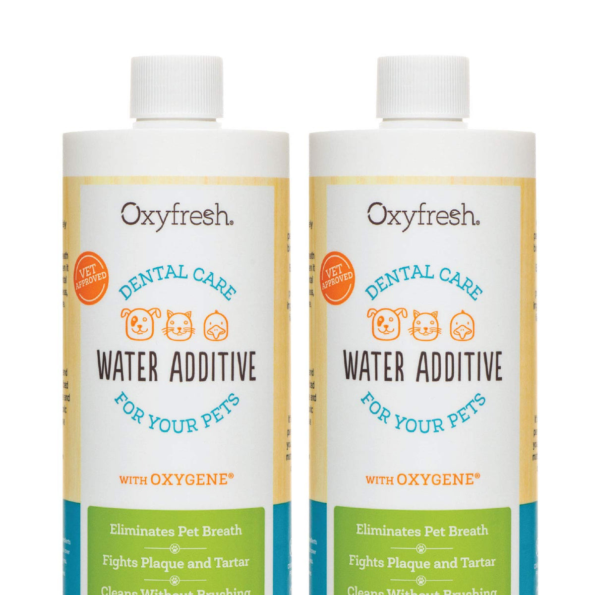 Oxyfresh Premium Pet Dental Care Solution bottle being poured into a dog's water bowl for fresh breath.