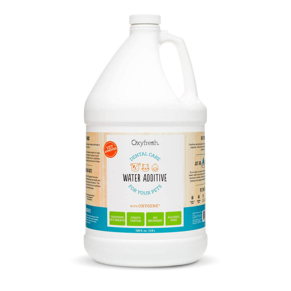 Oxyfresh premium pet dental water additive cap pour enables easy daily dosing for fresher breath.