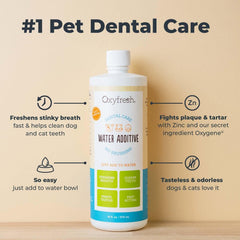 Pouring Oxyfresh into a pet water bowl for daily dental care.