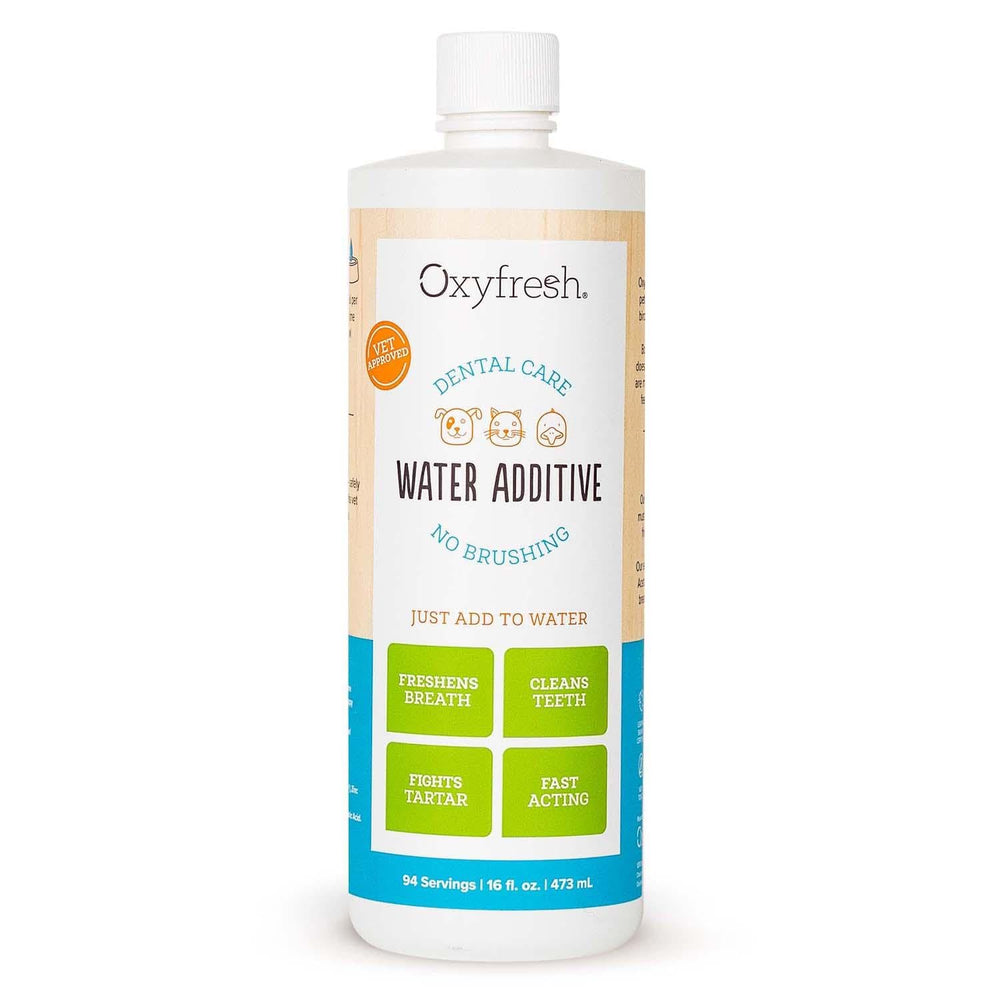 Oxyfresh premium pet dental water additive for fresh breath in dogs and cats.